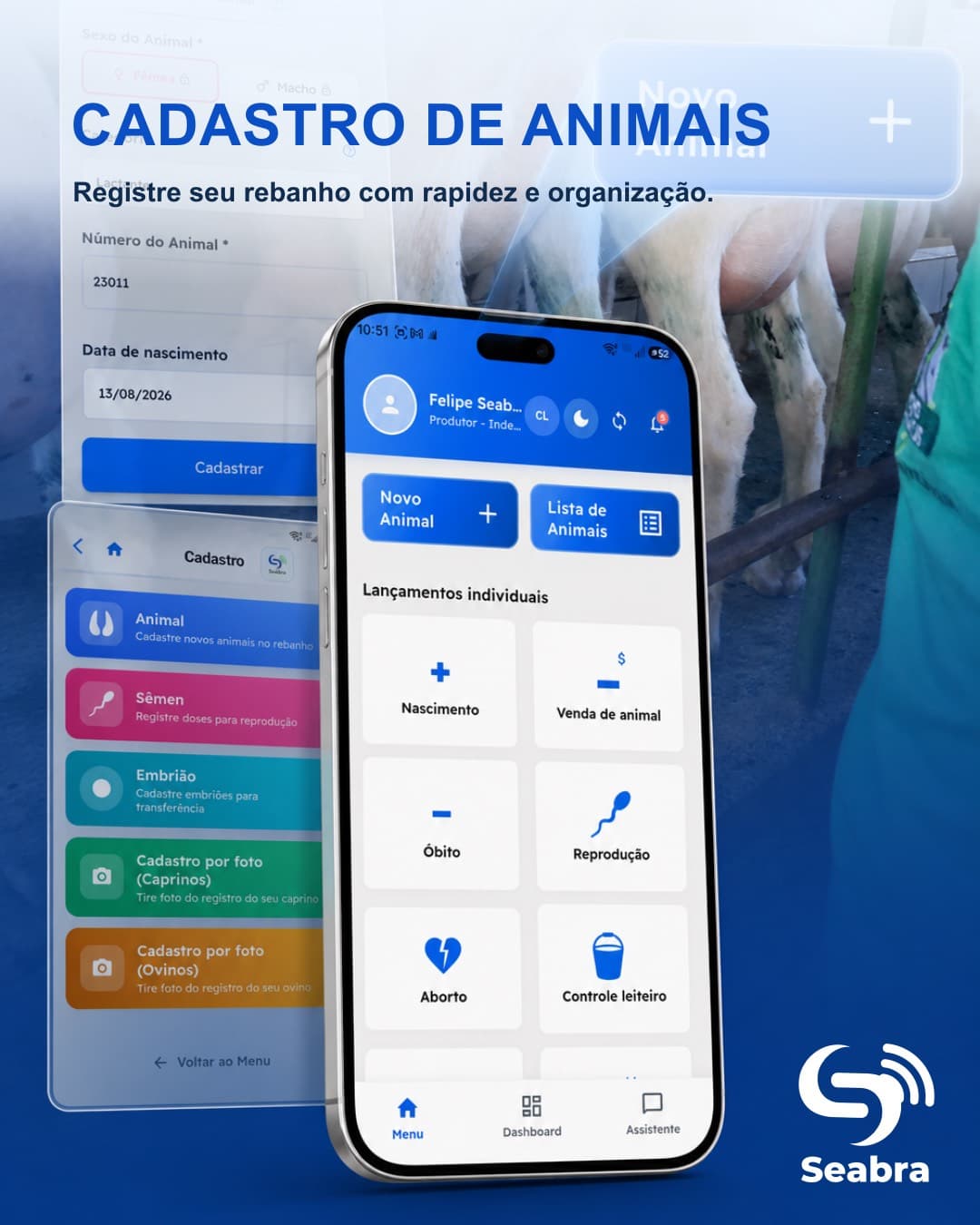 Cadastro de animais no SeabraApp — telas do aplicativo e ícone de cadastro