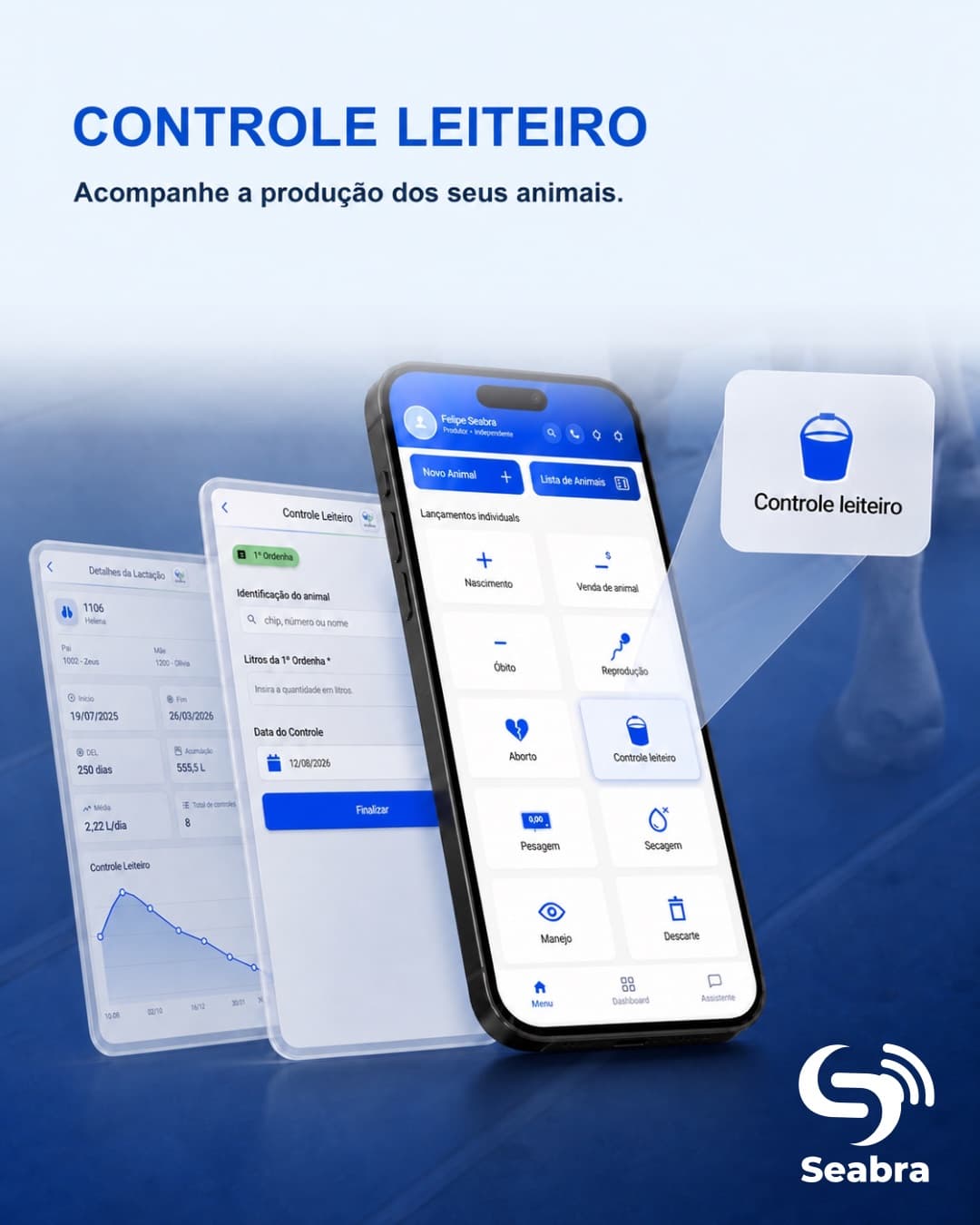 Controle leiteiro no SeabraApp — telas do aplicativo e ícone de controle leiteiro