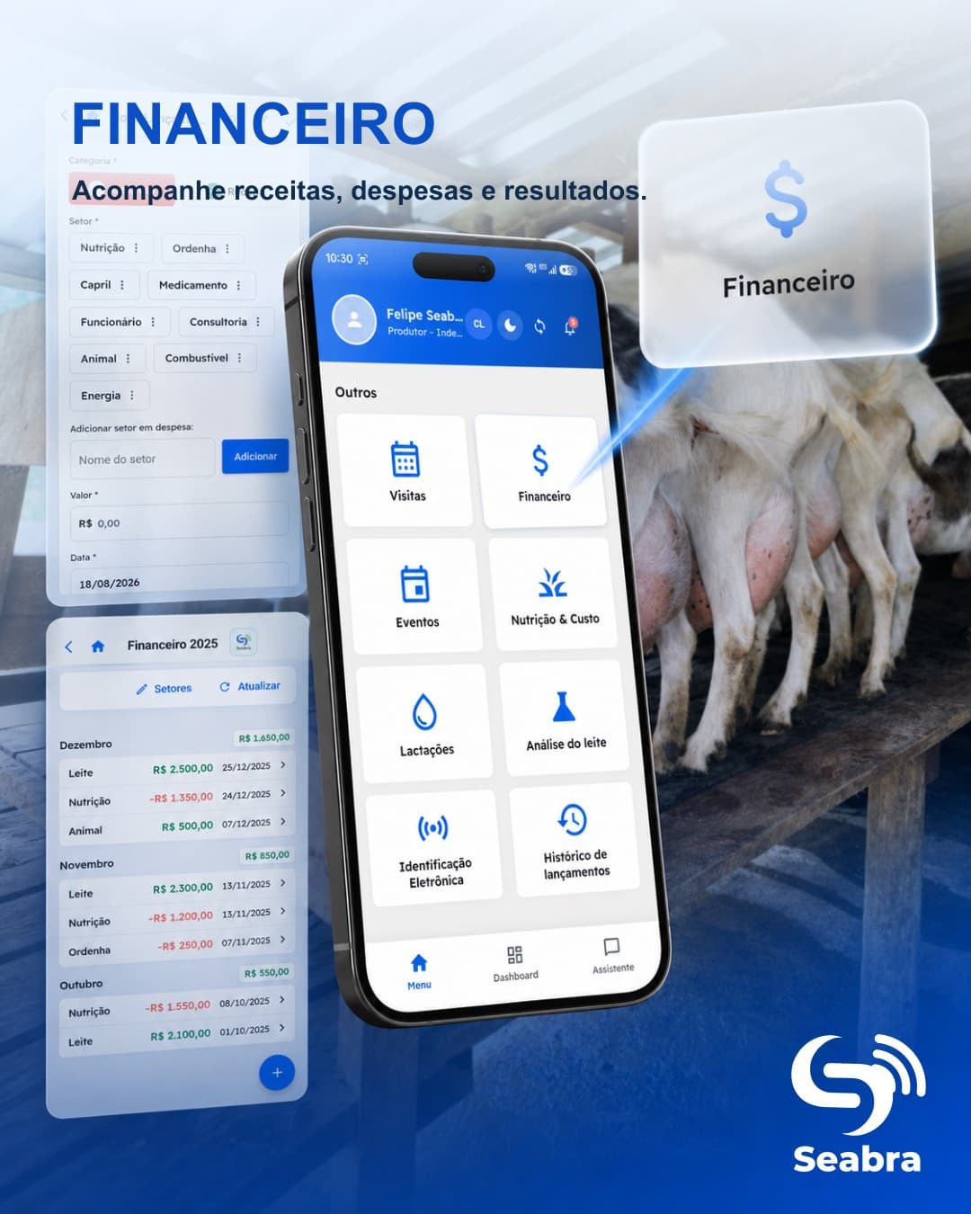 Controle financeiro do rebanho no SeabraApp — telas do aplicativo e ícone financeiro