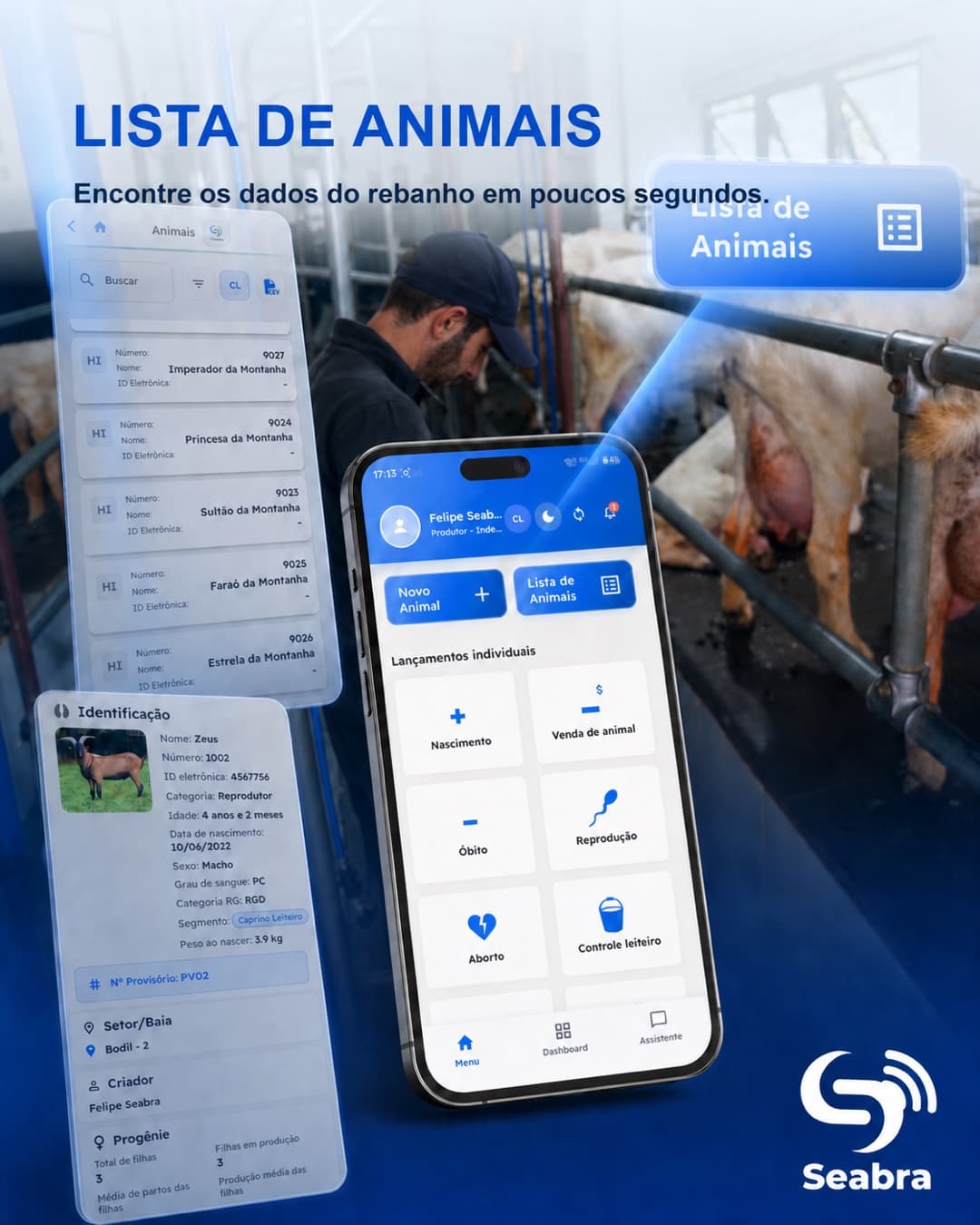 Lista de animais no SeabraApp — telas do aplicativo e visão do rebanho