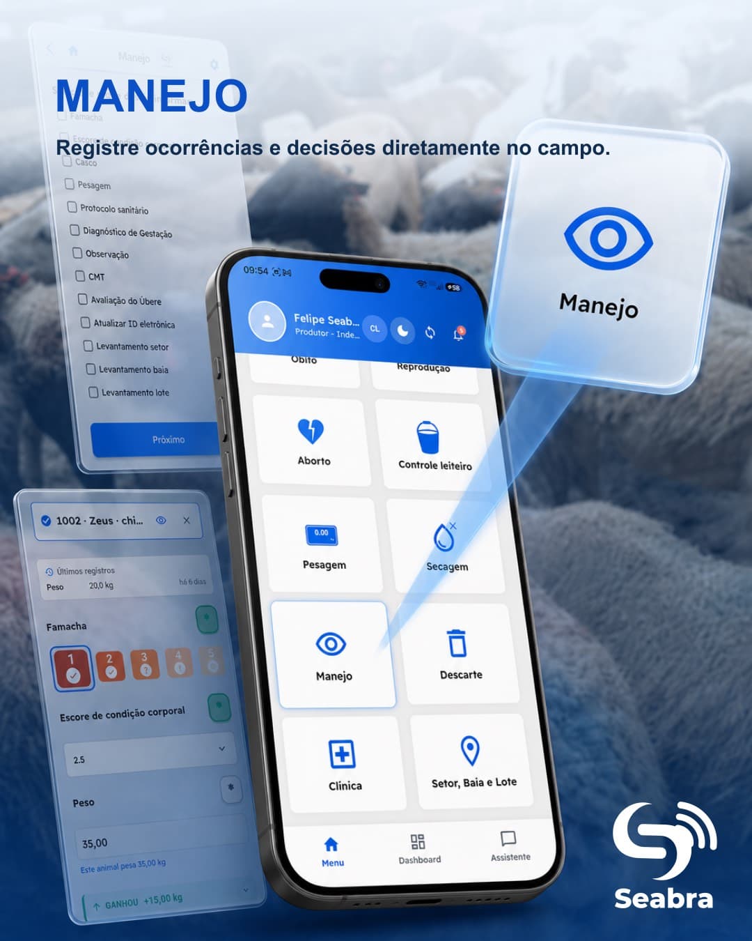 Manejo de animais no SeabraApp — telas do aplicativo e ícone de manejo