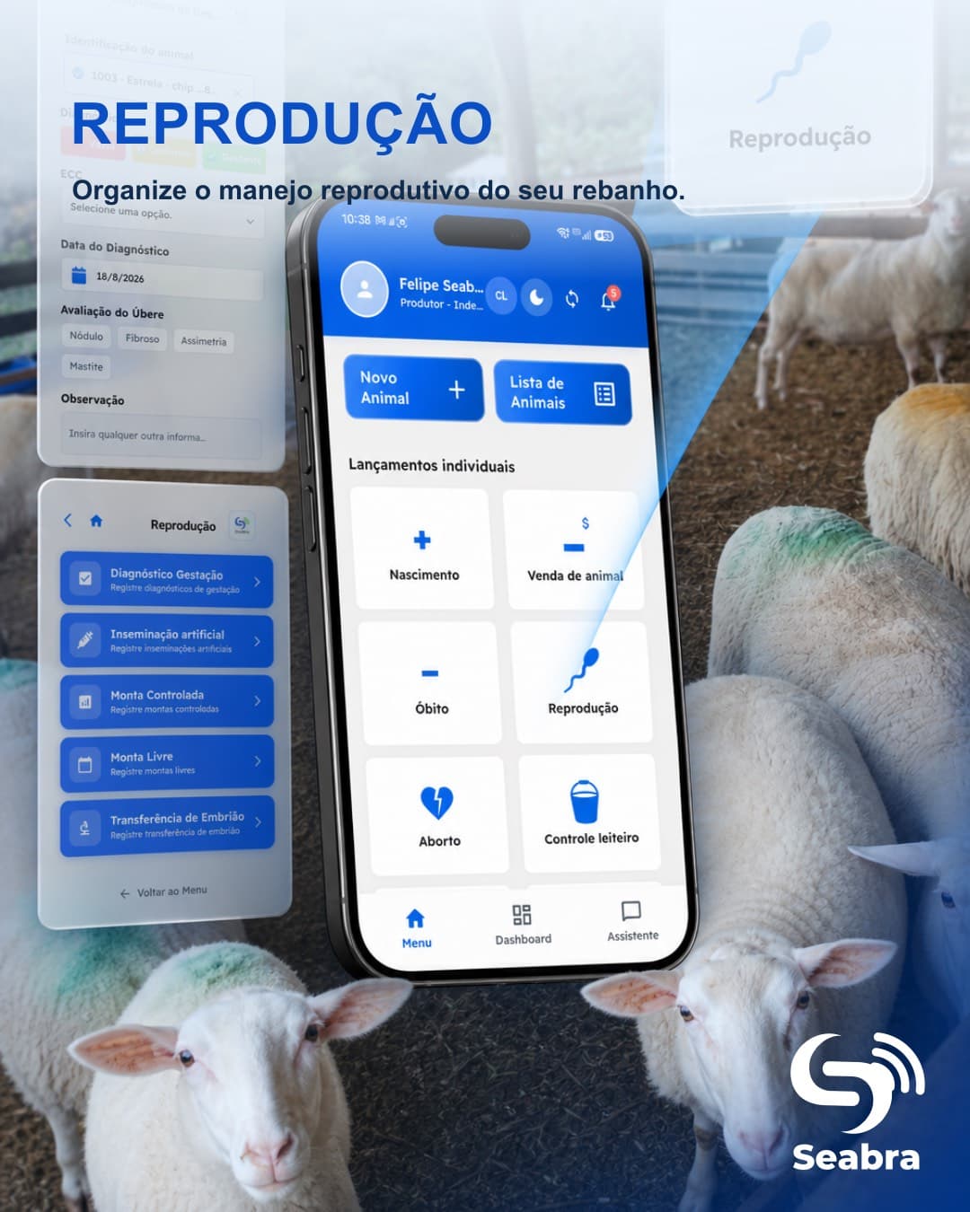 Manejo reprodutivo no SeabraApp — telas do aplicativo e ícone de reprodução